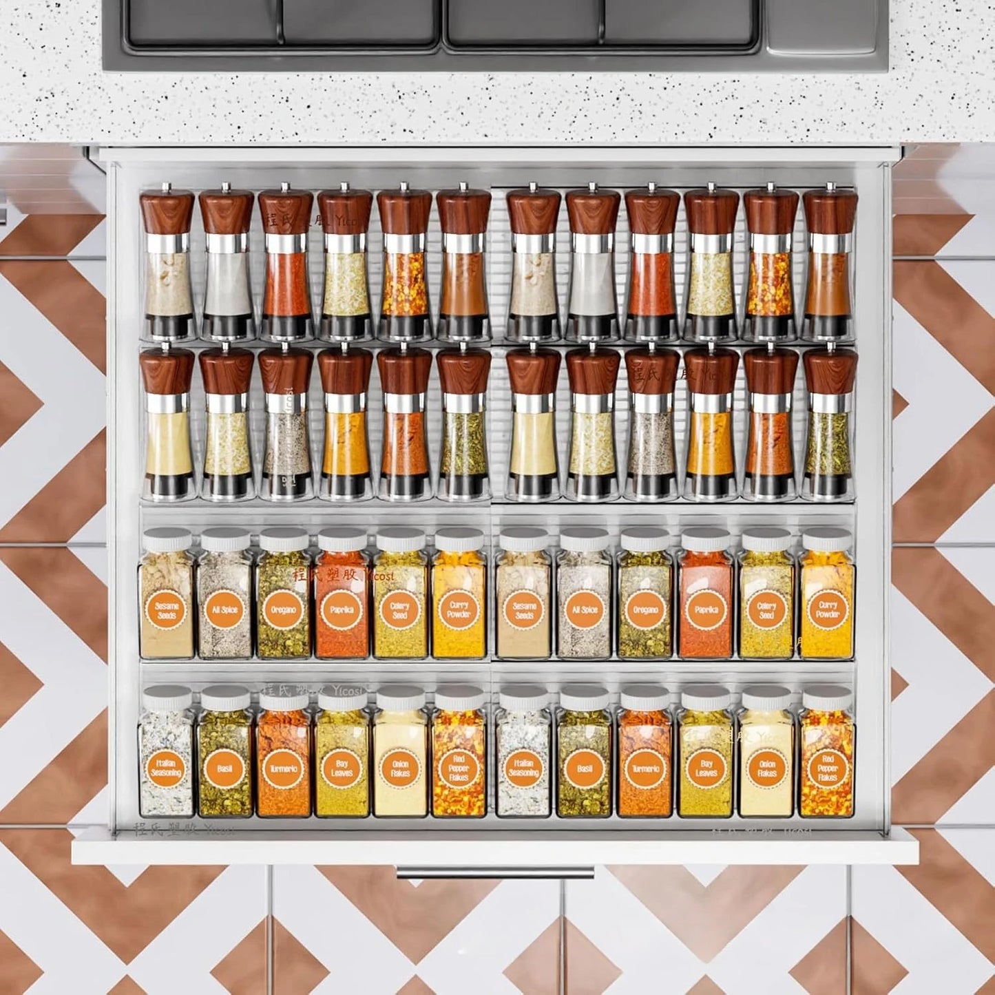 Expandable Acrylic Spice Drawer Organizer – Adjustable Tiered Rack