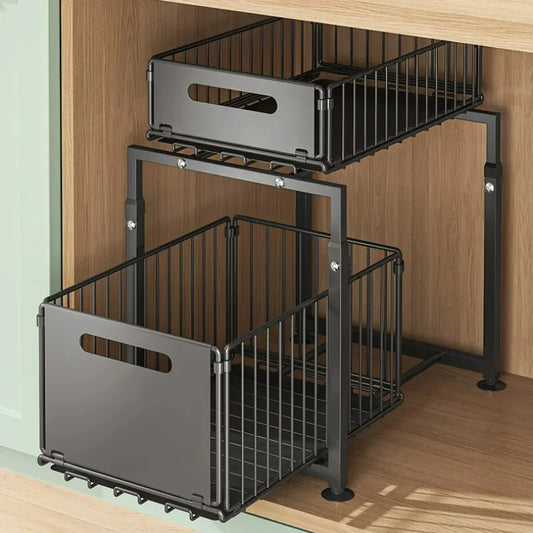 2-Tier Pull-Out Kitchen Organizer – Sliding Storage Rack for Cabinet & Sink