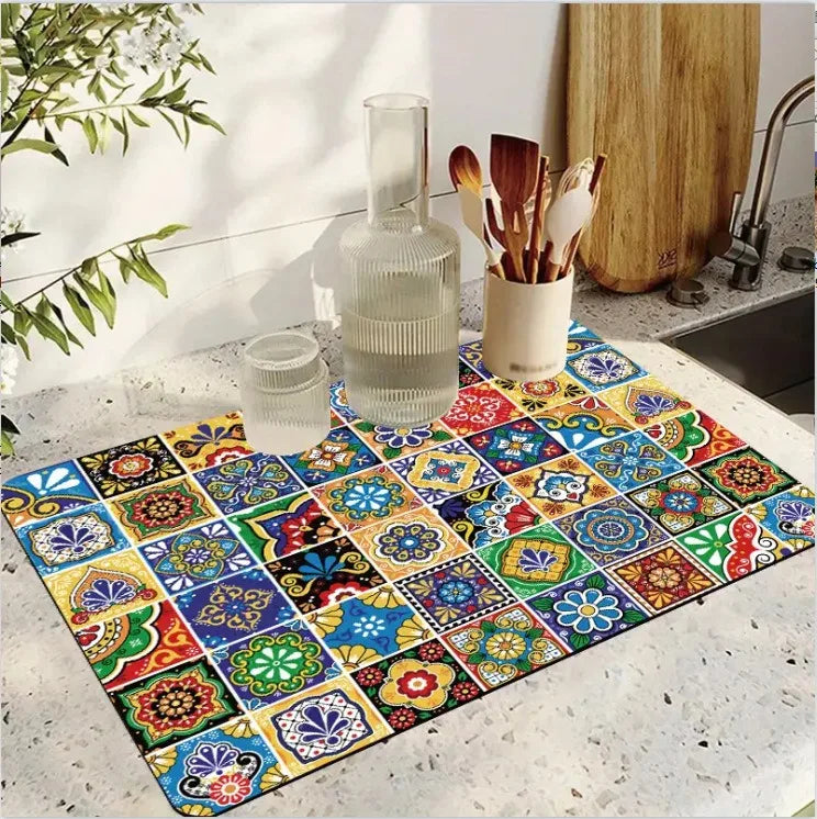 Bohemian Drain Mat Dish Drying Placemats for Table Silicone