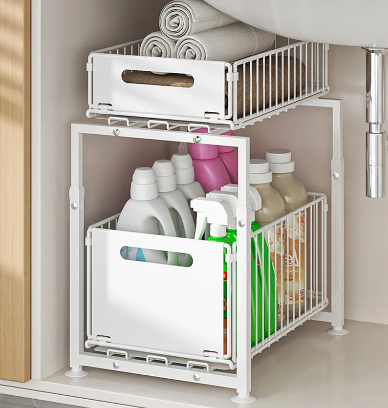 2-Tier Pull-Out Kitchen Organizer – Sliding Storage Rack for Cabinet & Sink