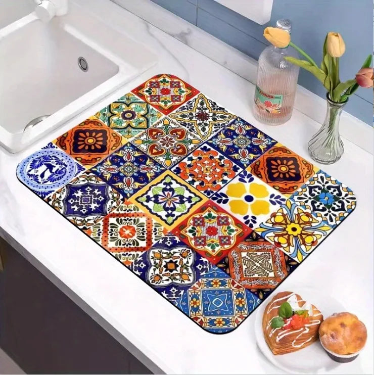Bohemian Drain Mat Dish Drying Placemats for Table Silicone