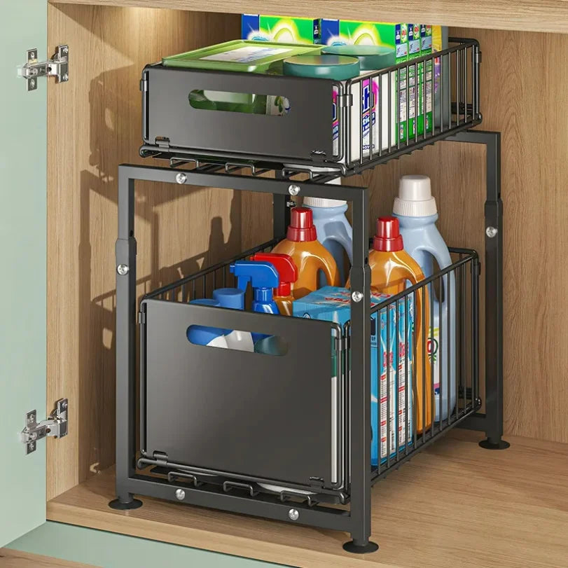 2-Tier Pull-Out Kitchen Organizer – Sliding Storage Rack for Cabinet & Sink
