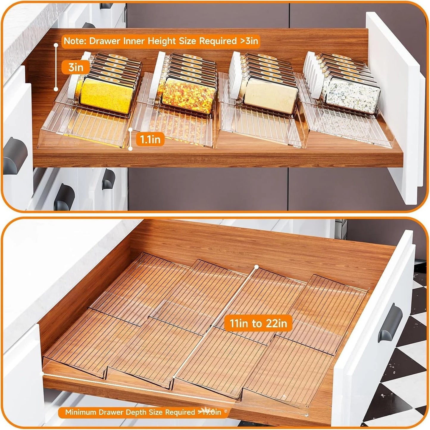 Expandable Acrylic Spice Drawer Organizer – Adjustable Tiered Rack