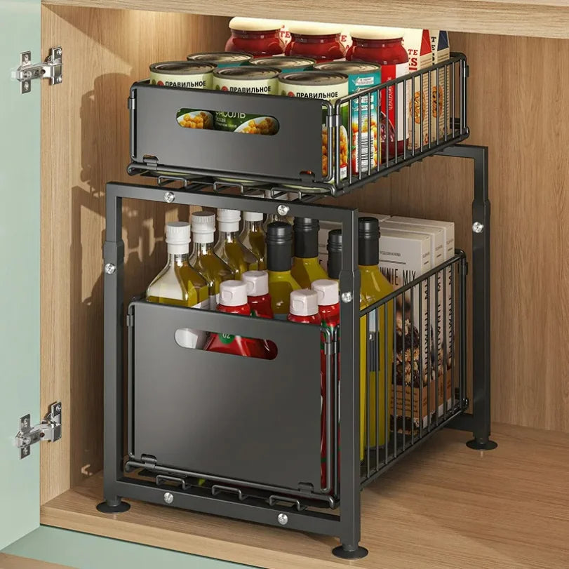 2-Tier Pull-Out Kitchen Organizer – Sliding Storage Rack for Cabinet & Sink