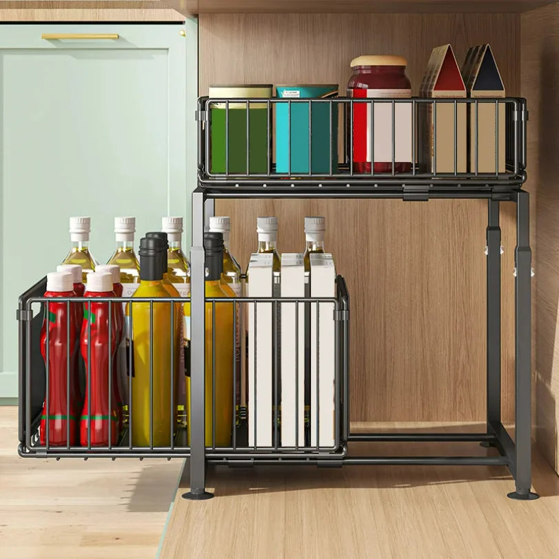 2-Tier Pull-Out Kitchen Organizer – Sliding Storage Rack for Cabinet & Sink